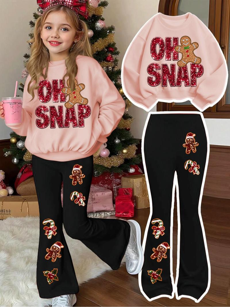 Girls' Christmas Fitted Set, Letter Print Round Neck Sweater & Snowman Pattern Bell Bottoms, Casual Fall Winter, Fashion Clothes Set