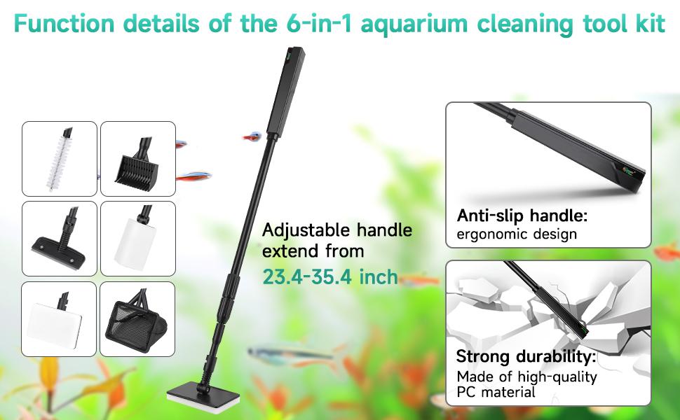 hygger 6-in-1 Aquarium Cleaning Tools, Multipurpose Fish Tank Cleaning Kit for 20-160 Gallon Tank with Telescopic Long Handle,6 Clean Heads