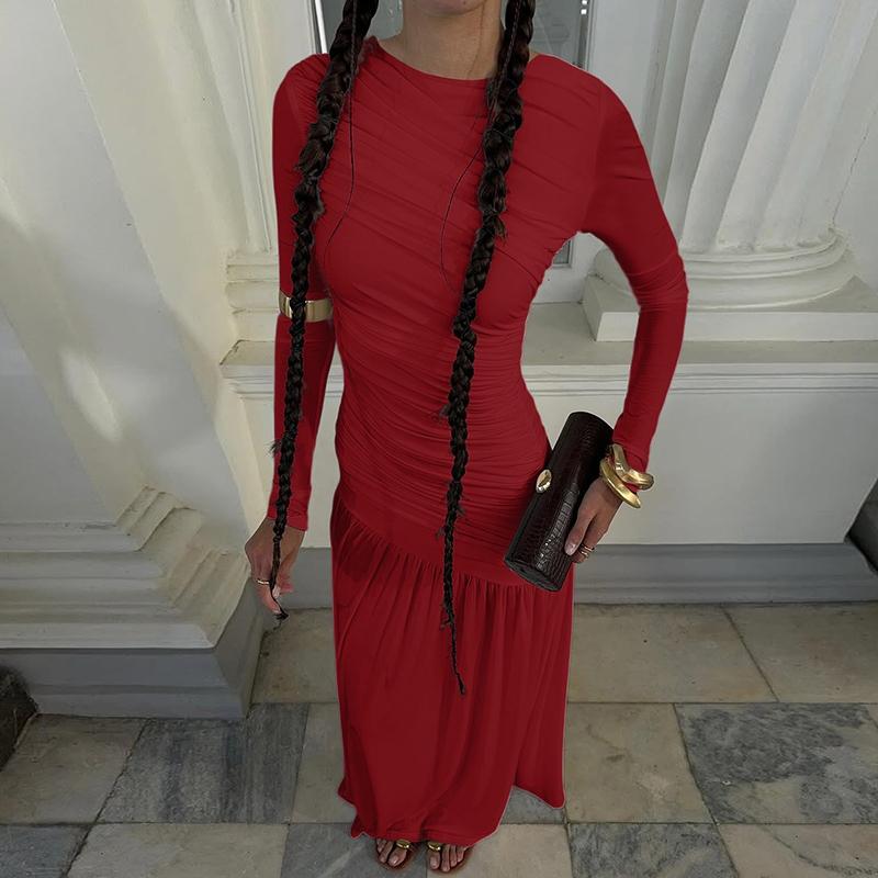 Women's Solid Ruched Round Neck Long Sleeve Pleated Dress, Elegant Plain Patchwork Plicated Slim-fitting Long Dress, Party Club Date Evening Gown Formal Dress, Ladies Spring Fall Winter Casual Dresses Clothes Wear, Formal Bodycon Dress