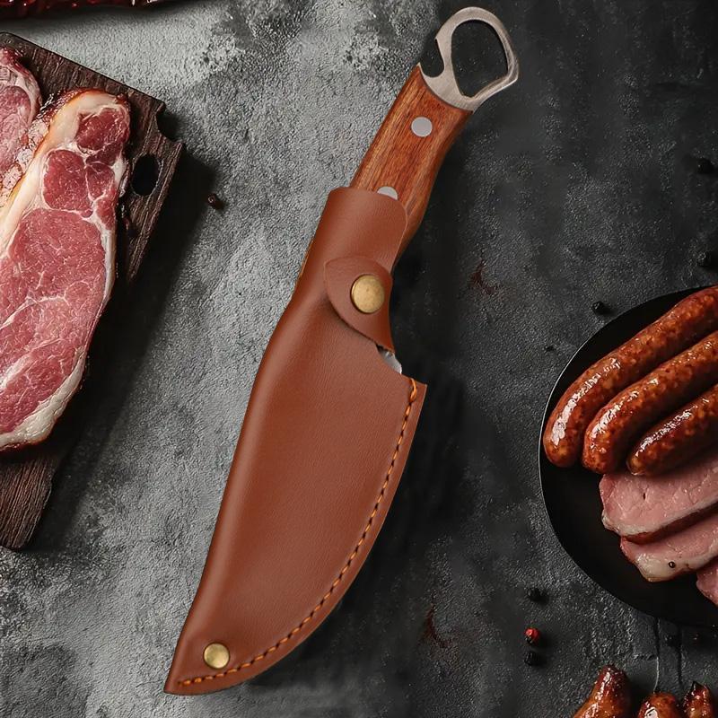High carbon steel chef's knife, barbecue knife, vegetable knife, fixed blade, solid wood handle, with sheath, suitable for professional cutting, home, camping barbecue cooking, also a great gift.