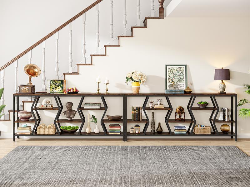 LITTLE TREE 70.9 Inches Sofa Console Table with 4 Tier Wood Storage Shelves, Industrial Extra Long Narrow Entryway Accent Tables for Hallway, Living Room, Foyer