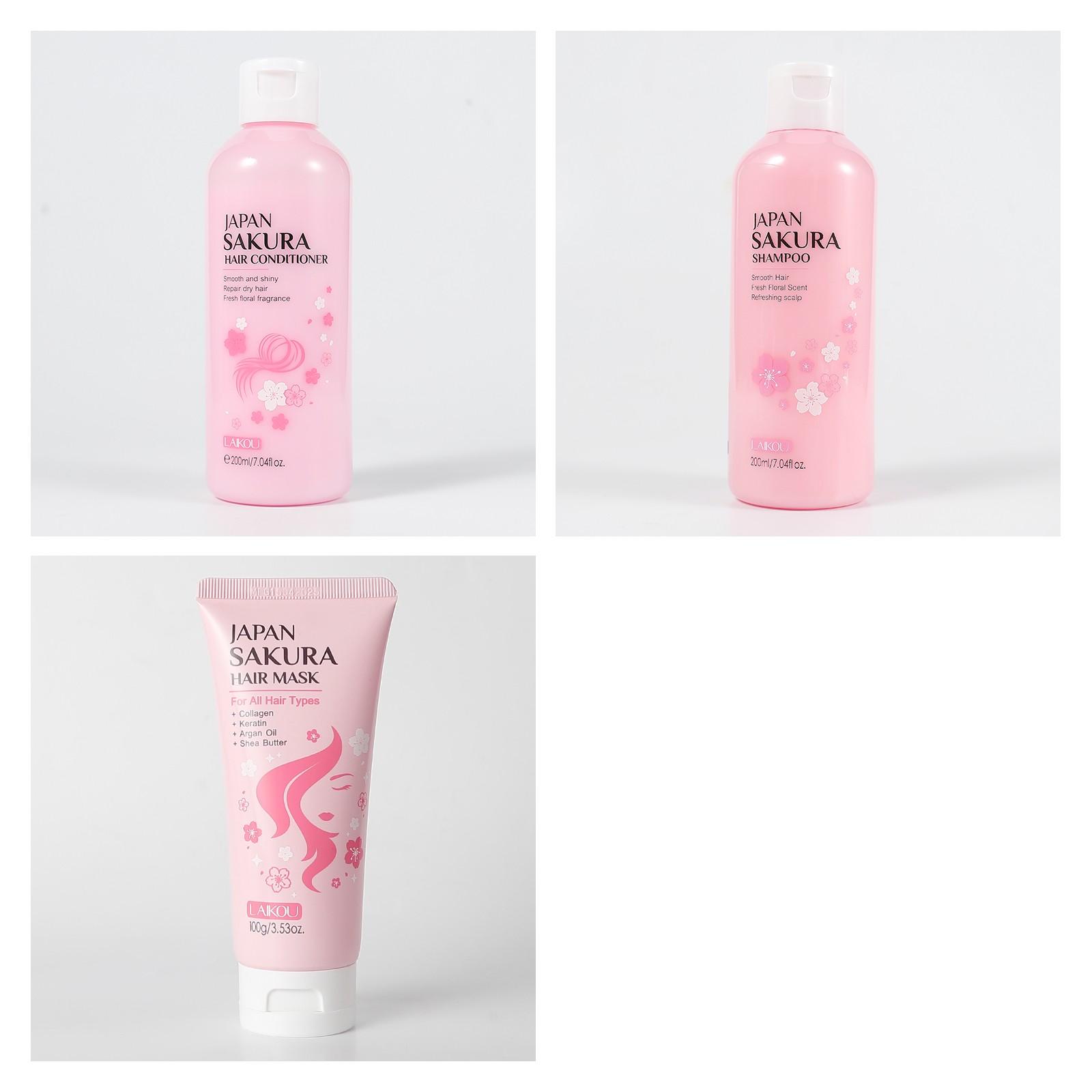 LAIKOU Japan Sakura Hydrating Nourishing Shampoo and Conditioner Set with Hair Mask, Sweet Floral Fragrance Hair Glow Kit, Lightweight Hydration Haircare for All Hair Types, Nourishing Scalp Set, Ideal Gift for Women 3-in-1 Bundle, Hair Care Solution