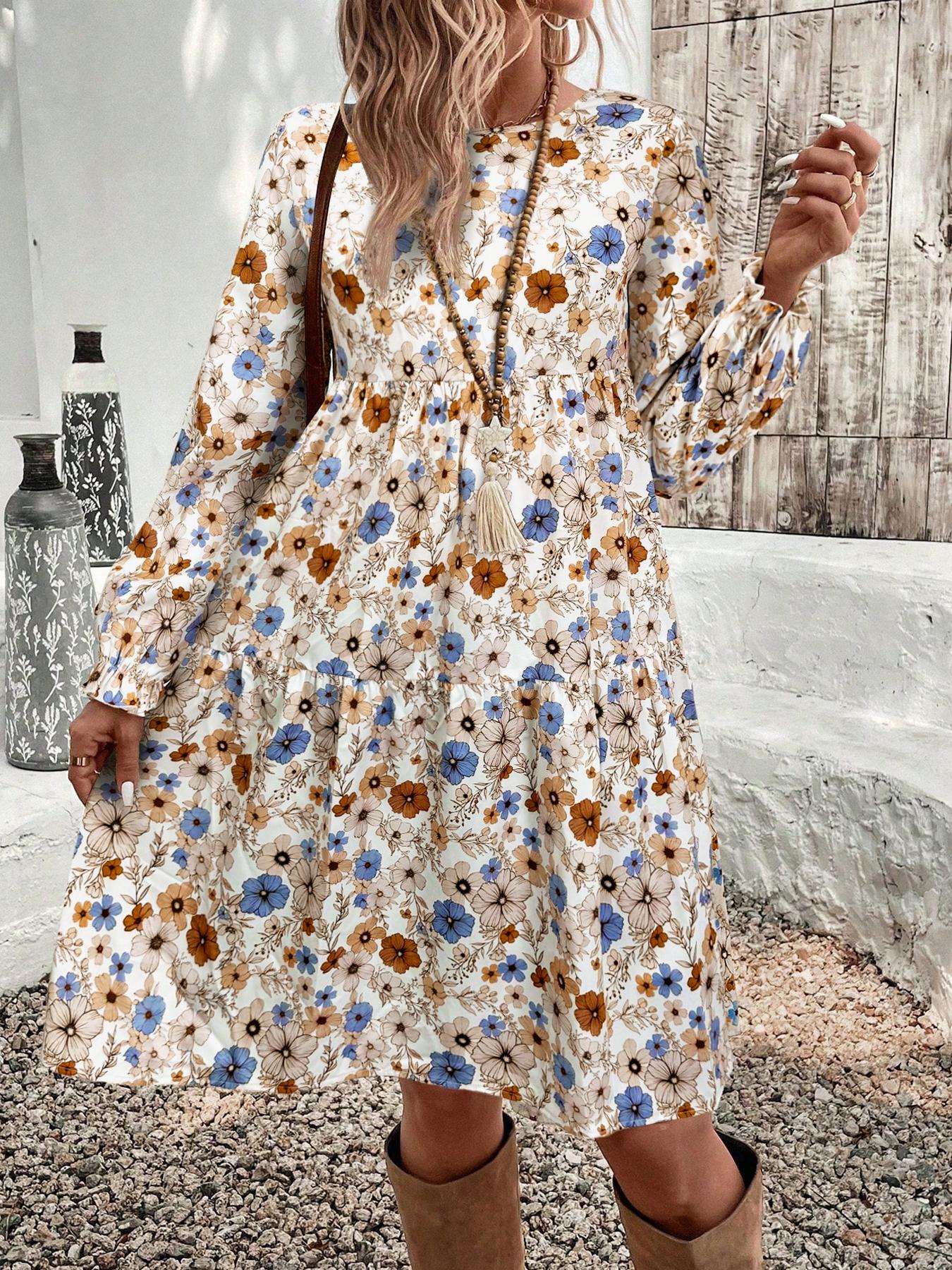 Women's Floral Print Tie Neck Flounce Ruffled Sleeve Woven Fit Dress, Elegant Feminine Fashion Casual Dress for Daily Outdoor Wear, Women Dress for Spring Fall