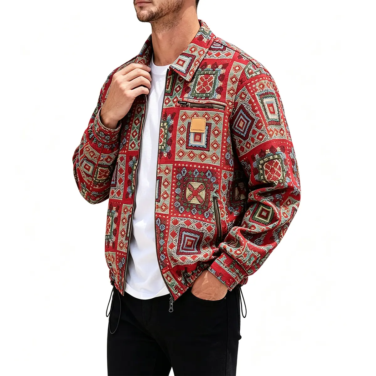 Men Artistic Geometric Tapestry Jacket Lapel Collar Full Zip Drawstring Hem Loose Fit Casual Outerwear Retro Ethnic Pattern Streetwear Tops For Men Daily Trendy Matching Weekend Hangout And Casual Photoshoot Outfit
