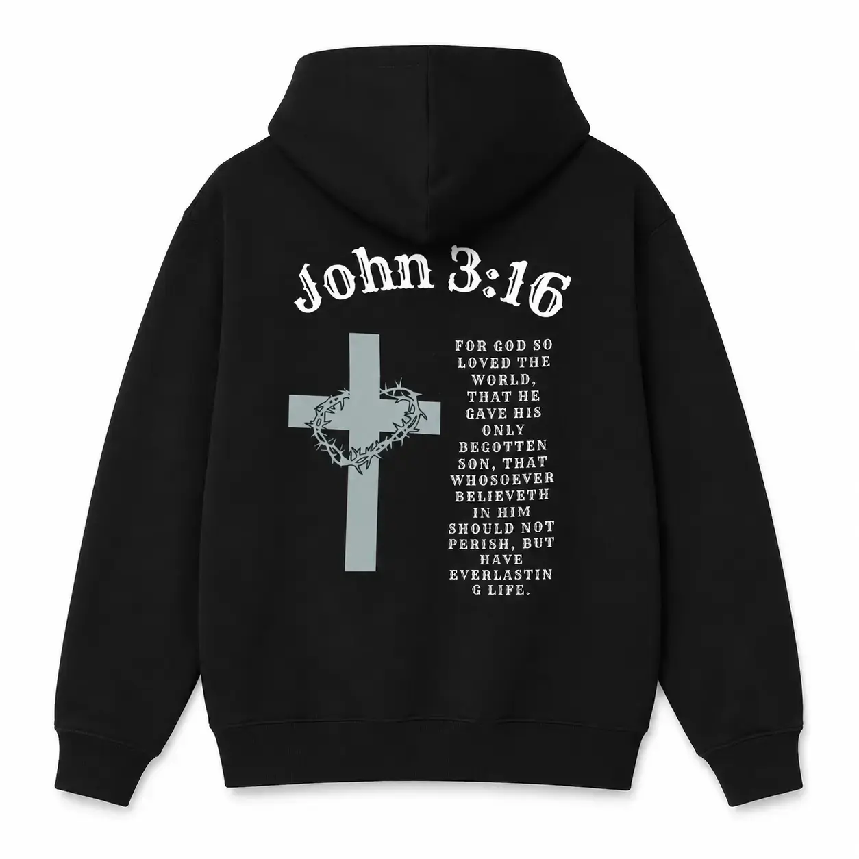 Men's John 3:16 Cross Graphic Hoodie, Christian Faith Print Sweatshirt, Inspirational Scripture Hoodie, Black Long Sleeve Pullover, Loose Relaxed Fit, Soft Cotton Casual Streetwear, Everyday Outfit, Faith Gift for Men