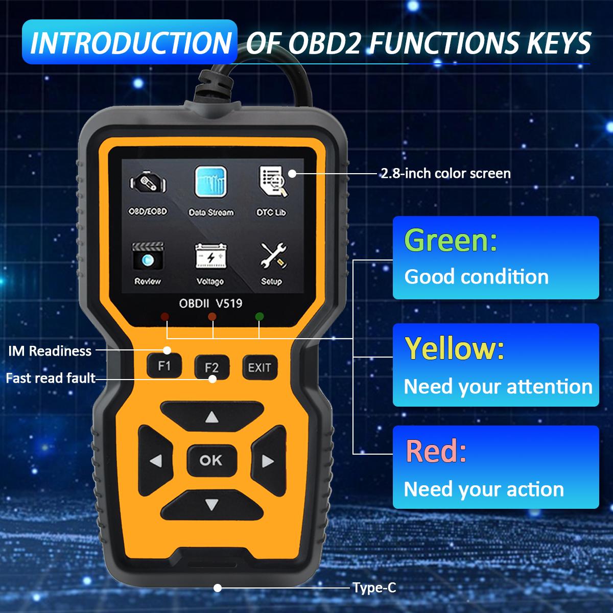 Car OBD2 Scanner Diagnostic Tool Code Reader, Car Voltage Tester Engine Fault Code Scanner, Charging Tester Diagnostic Tool For OBDII Protocol Cars V519-Yellow Live Data Stream