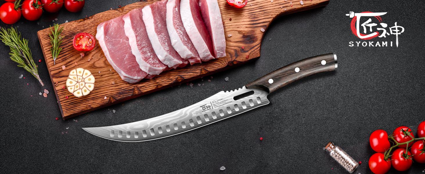 【TikTokShopJumpstart】SYOKAMI Stainless Steel Butcher Knife, 10.5 Inch High Carbon Japanese Style Carving Knife with Wood Full Tang Wooden Handle, Damascus Pattern Cooking Knives, Razor Sharp Breaking Kitchenware with Gift Box Ideal for Valentine's Day