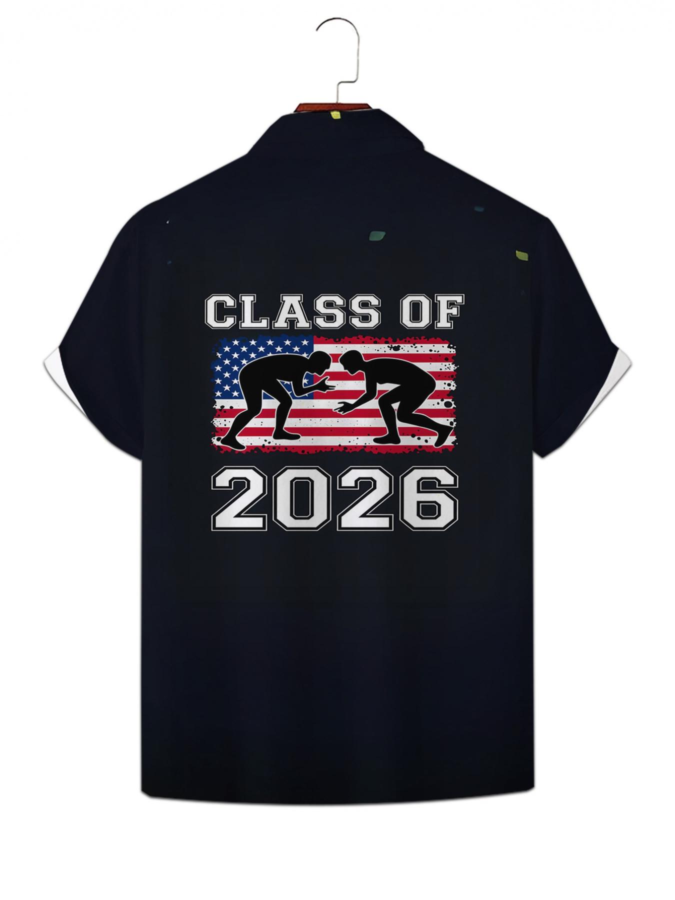 Men's Hawaiian Shirt - Flat Digital Print Pattern - No Texture - Wrestling Graduation Class 2026 American Flag, Fashionable and Simple Short Sleeve, Buttoned, Casual Collar Shirt, Stylish and Versatile, Suitable for Dates, Beach Vacations, a Perfect Gift