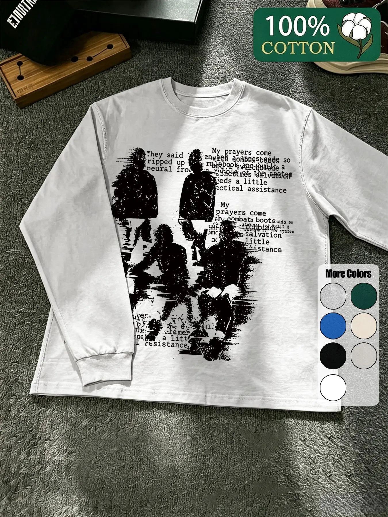 Men's 100% Cotton Graphic Tee, Y2K Aesthetic Long Sleeve T-Shirt, Loose-Fit Streetwear, Dark Rock Style, Casual Summer Top