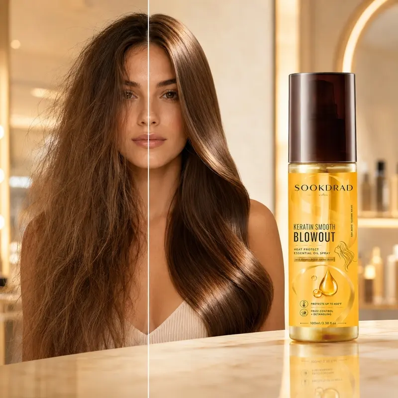 Keratin Smooth Blowout Heat Protect Essential Oil Spray, with Keratin, Silk Amino Acids, heat protect, frizz control, detangling, protects up to 450°F, hair care, 100ml/3.38 fl oz