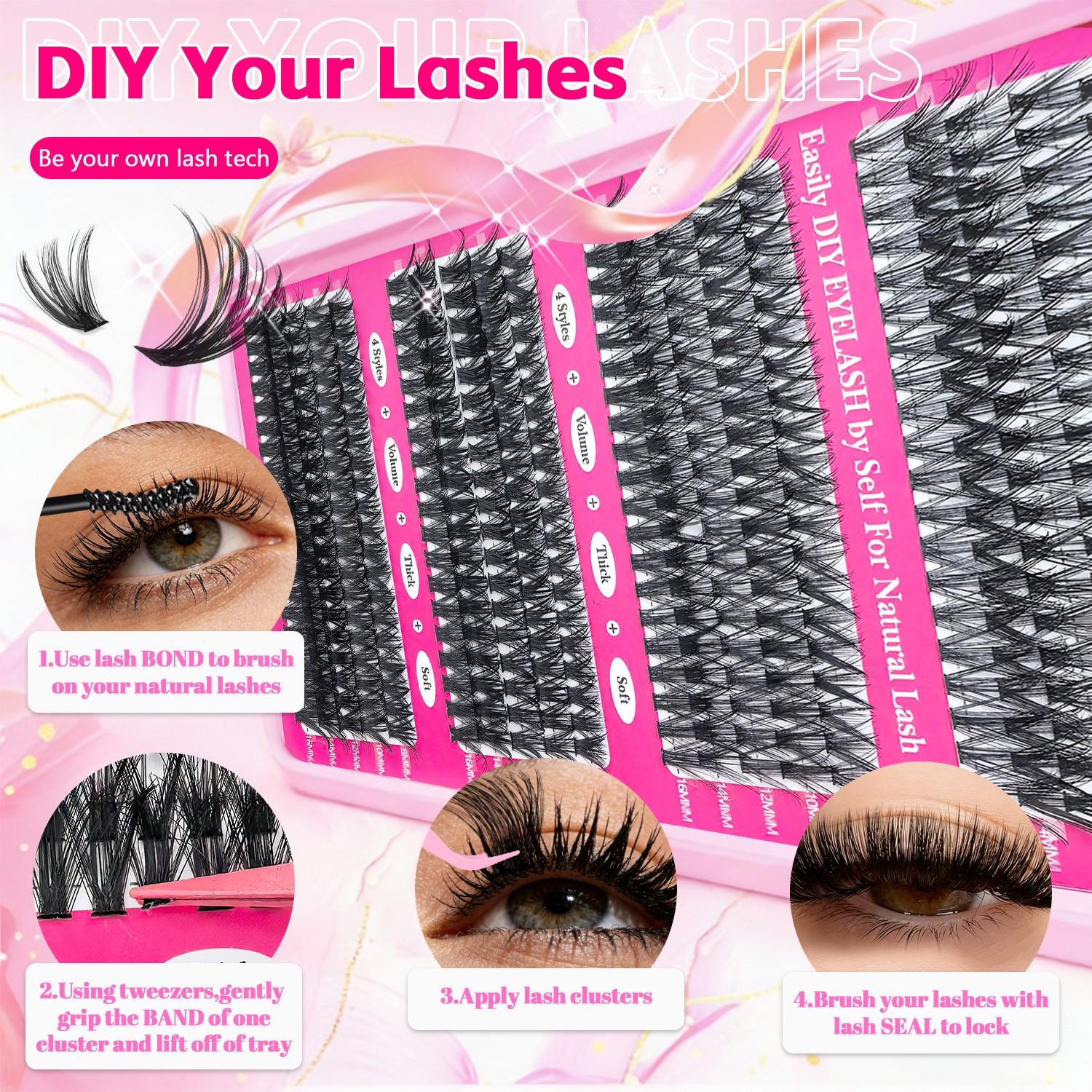 Self Adhesive Individual Lash Extensions D Curl 30D-150D Fluffy Cluster Lashes, Reusable Thick Natural 8-16mm Mixed, Dramatic Look for Party Wedding Daily Music Festival Women Gift