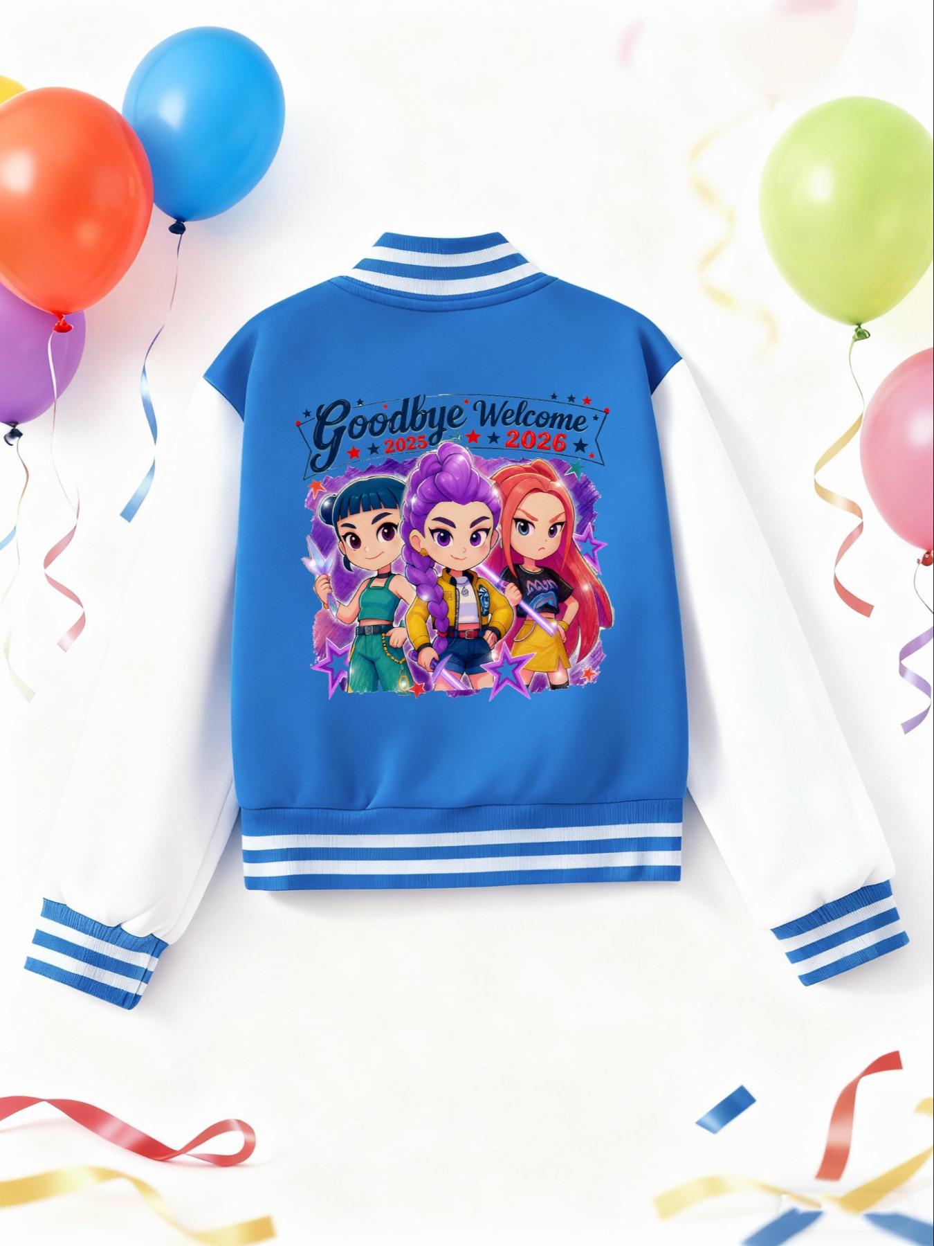 KPOP – The Huntress Girl Group  Girls' Short Baseball Coat, Cartoon Pattern Design, Elastic Fabric, Casual Sports School Uniform, Fall & Winter Outerwear, Casual Cute Outerwear