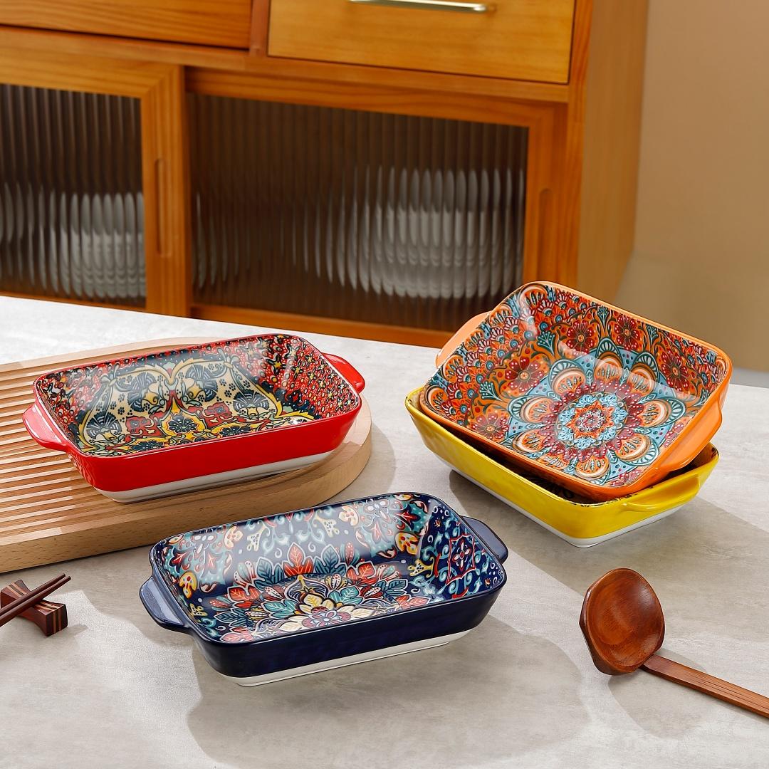 4Pcs Double Handle Rectangular Serving Plates Set, Microwave Oven Safe Dinner Plates for Sushi, Dessert, Salad, Pasta, Baking, Suitable for Home Kitchen Dorm Restaurant