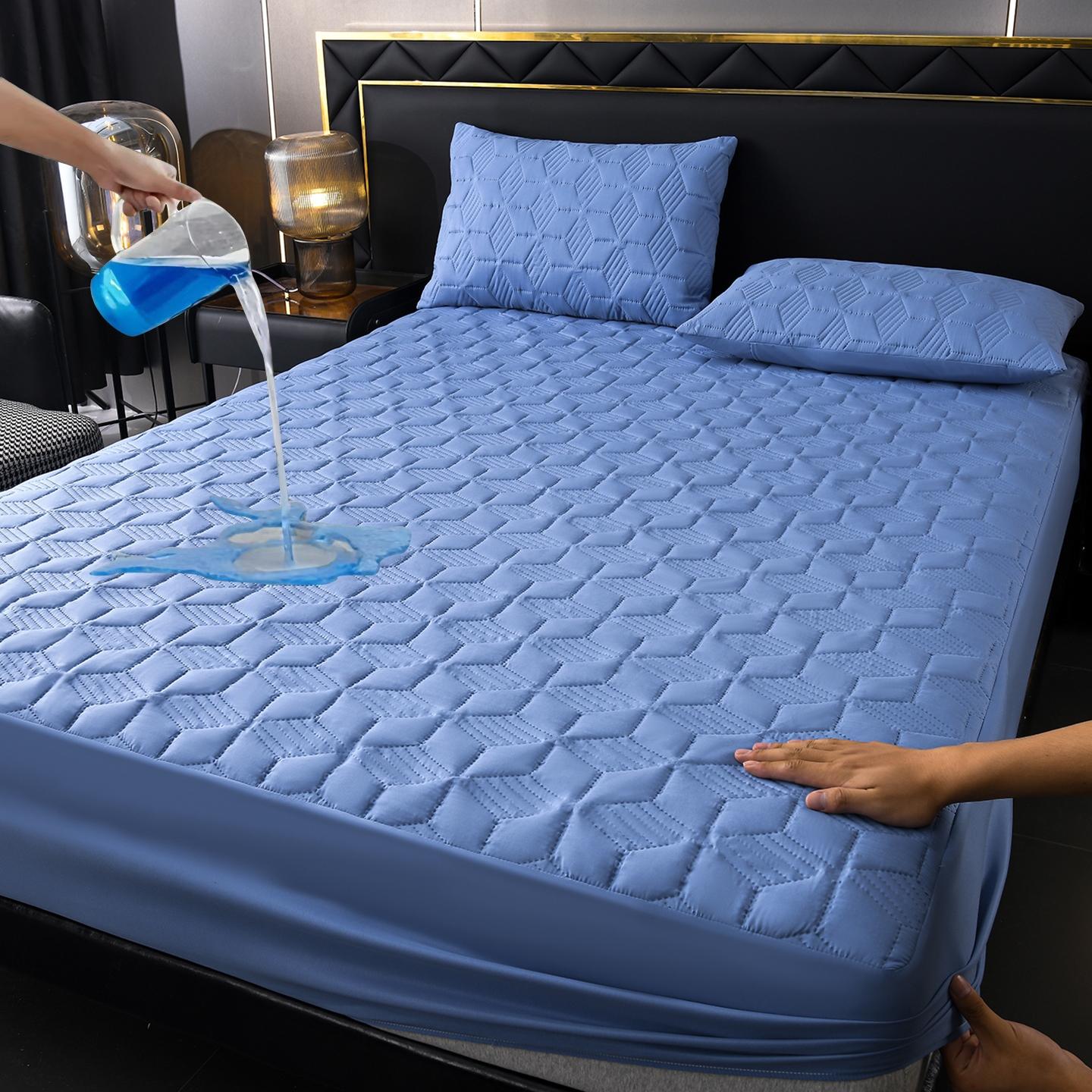 Waterproof Quilted Fitted Sheet Set - 3 Pieces (1 Mattress Cover + 2 Pillowcases), Deep Pocket, Navy Blue