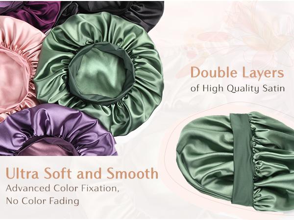 YANIBEST Satin Bathroom Accessory Bonnet for Sleeping Women Double Layer Hair Satin Bonnets with Elastic Band Sleep Cap Curly Natural Hair Shower Caps Green Pink,TikTokShopBlackFriday