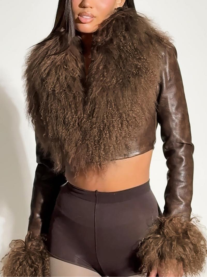 Women's Fashion Faux Fur Collar Long Sleeve V-Neck Leather Jacket, Autumn Winter New Style Slim Fit Outerwear, Trendy Tassel Patchwork Coat