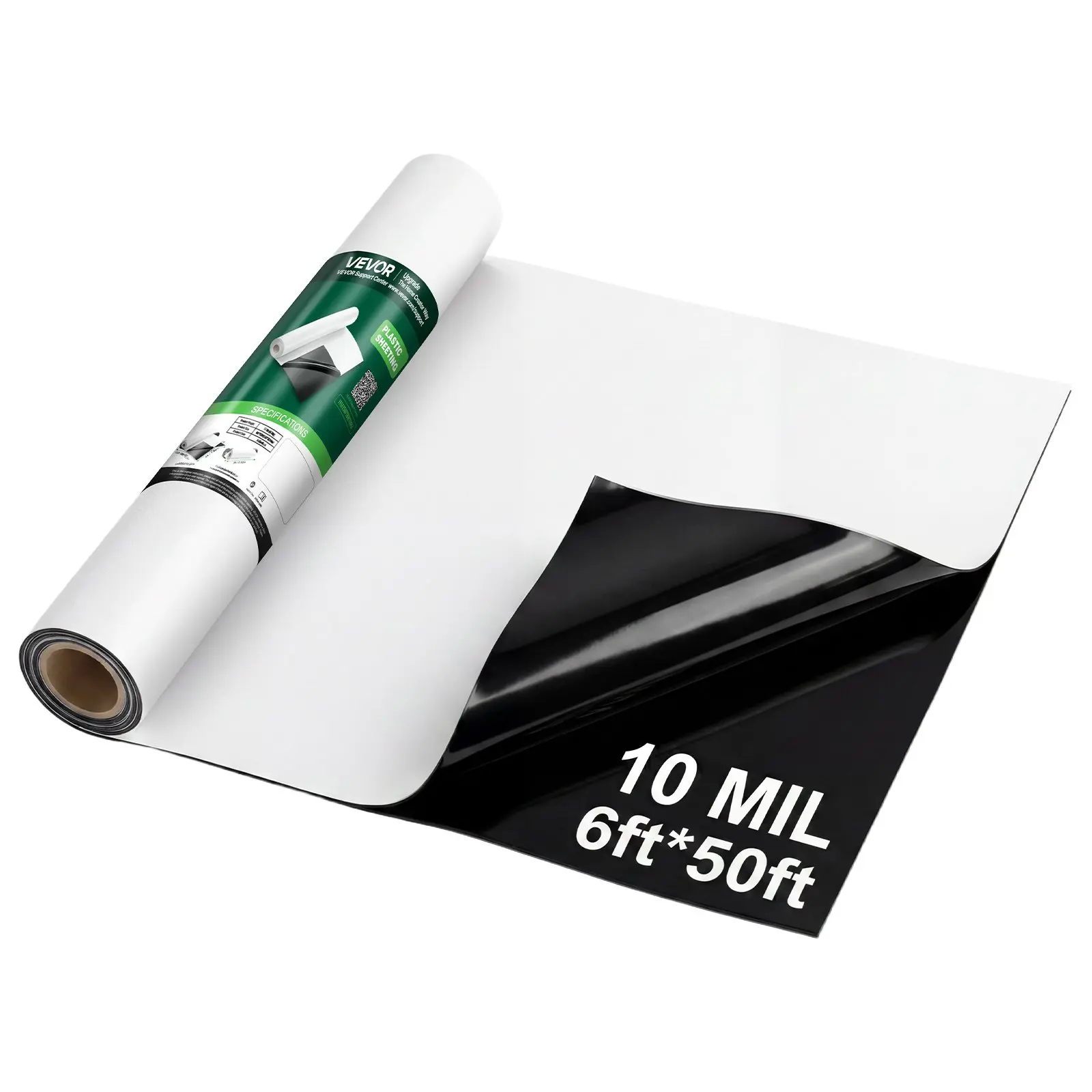 VEVOR 10 Mil Heavy-Duty Polyethylene Roll, 6'x50' Plastic Sheeting Drop Cloth Painters Tarp, Crawlspace Vapor Barrier & Weed Control Solution (Black, White)