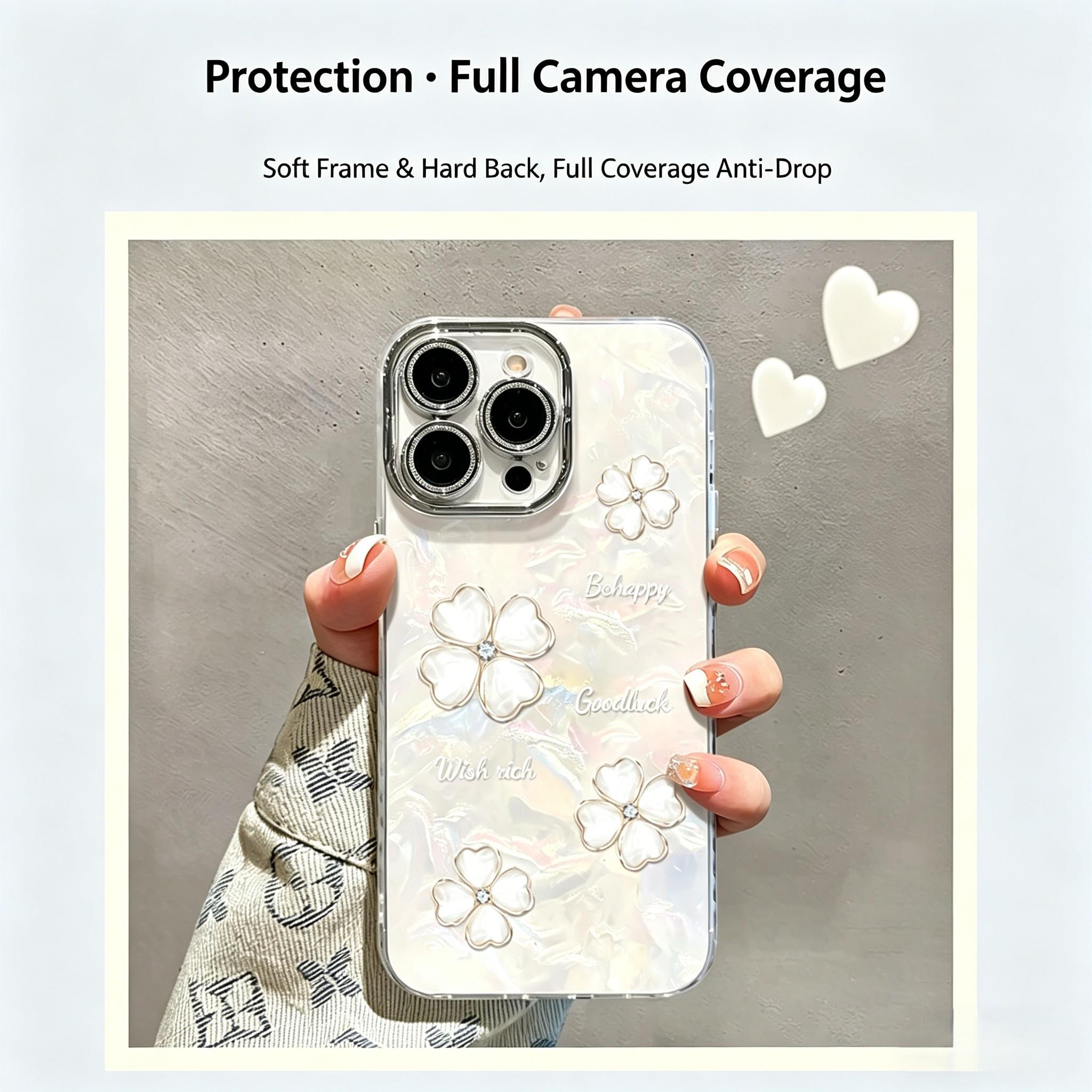 Elegant Pearl Chain Phone Case for iPhone 17 Series, 4 Leaf Clover Glitter Acrylic Cover, Luxury Aesthetic Shockproof Case for Women Girls