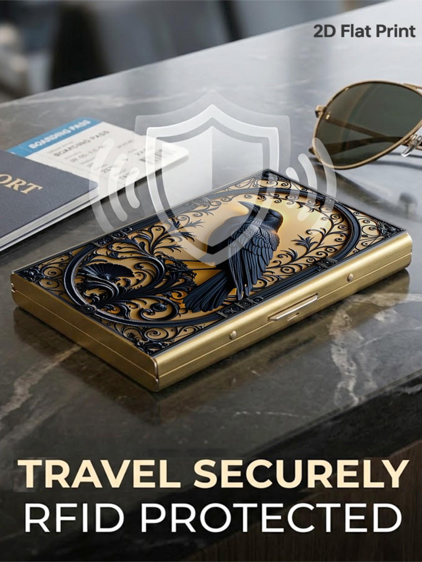 Crow Pattern Rfid Metal Card Holder, Multi-Layer Design, Ultra-Thin Magnetic Closure, Perfect Gift for Men & Women