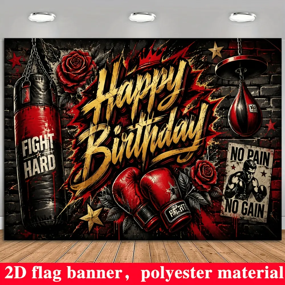 1pc 2D Flat Boxing Theme Birthday Banner Backdrop, Black Red Brick Wall Design with Punching Bag, Boxing Gloves, Red Roses & Golden Stars, Polyester Photo Background for Boxing Lover Birthday Party Decor
