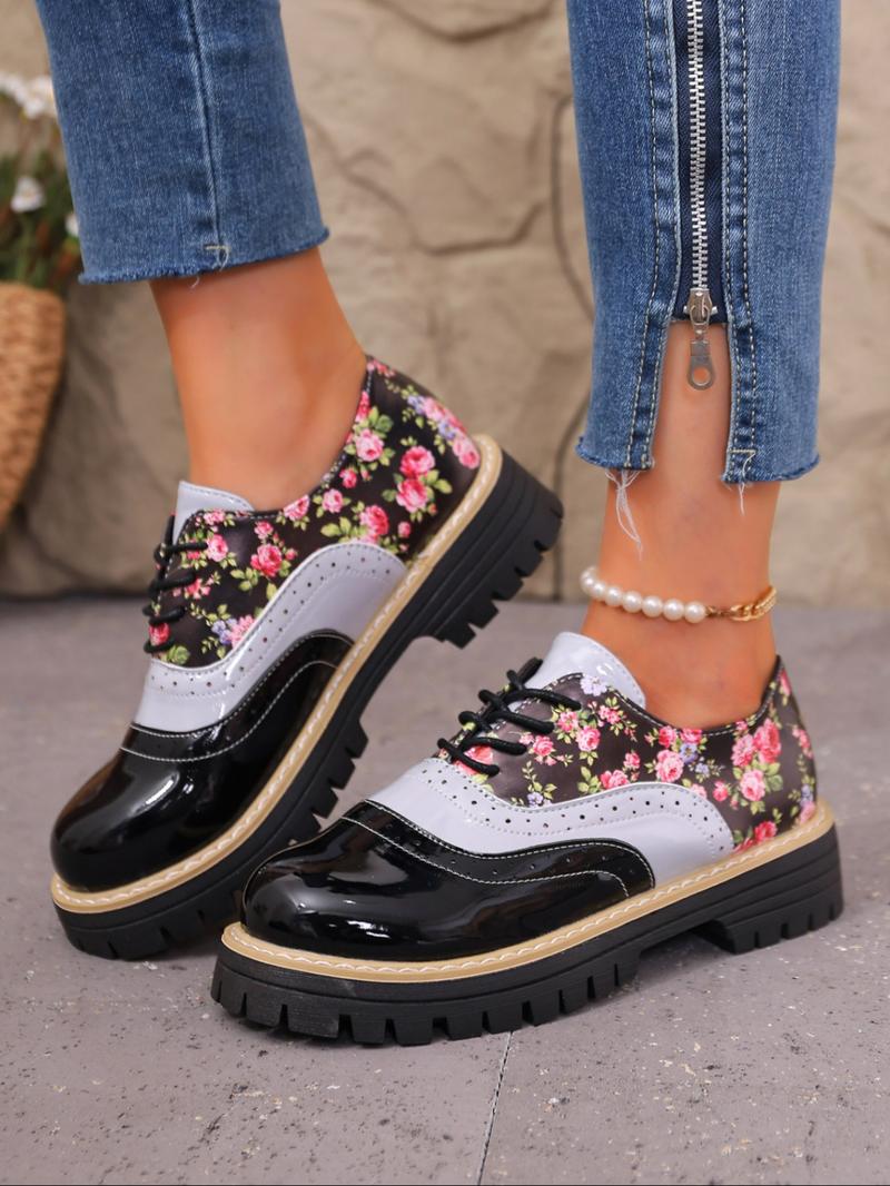 Women's Floral Patchwork Chunky Heel Platform Shoes, Adjustable Buckle Design, Casual PU Leather Sneakers for Daily Wear & Office