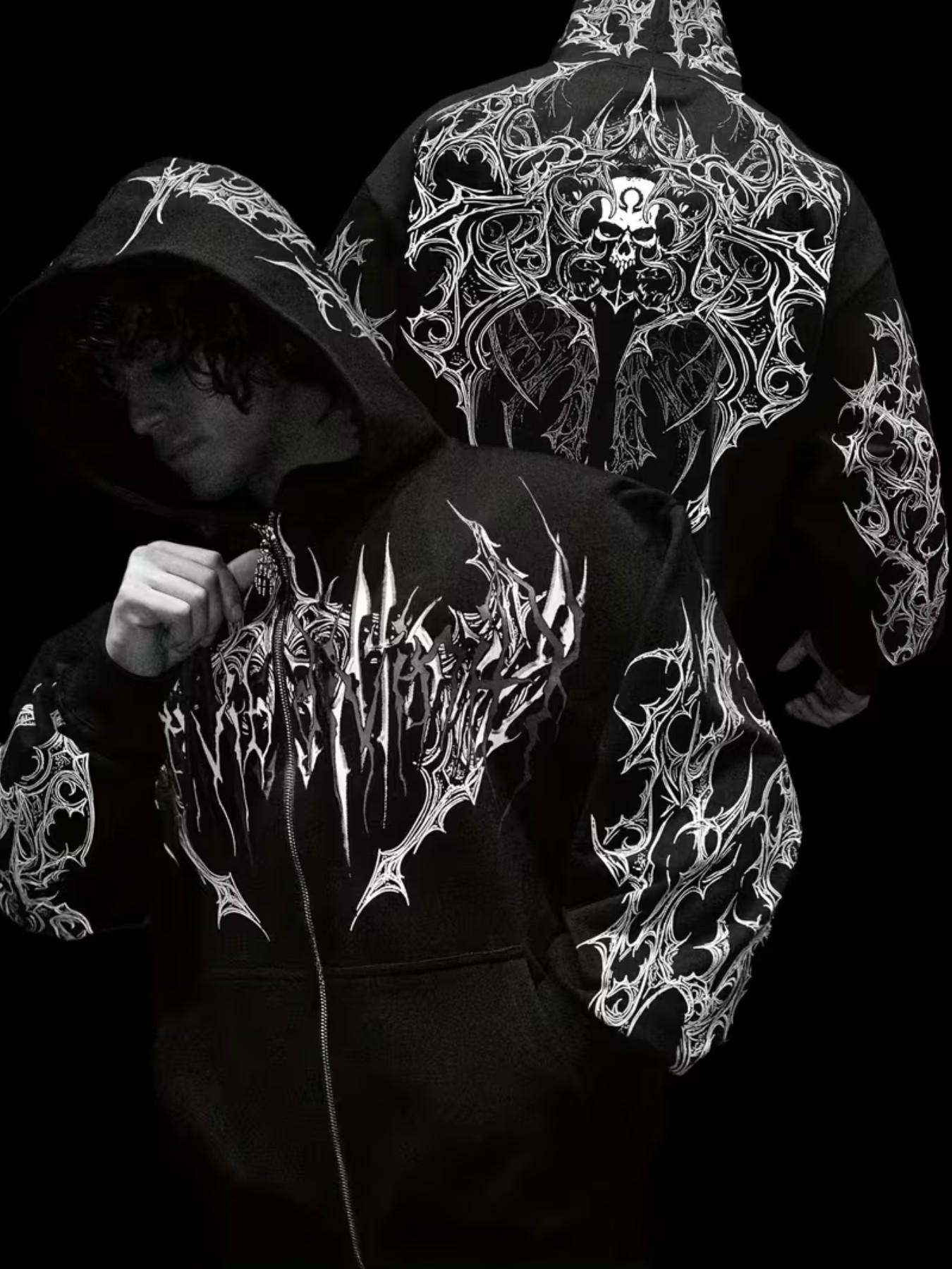 Men's Printed Hoodie, Winter Sportswear, Casual Kangaroo Pocket, Warm Wool Lined Pullover, Full Zipper, Print, Fall & Winter Clothing, Casual Fit Streetwear