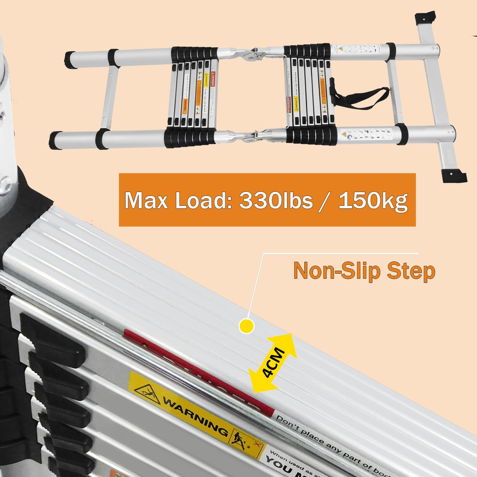 Telescoping Ladder Aluminum A-frame Extension Ladder, Folding Ladder with Stabilizer Bar and Anti-Slip Feet, 330lbs Max Load Capacity, for Home, Office ( 6.2+6.2FT / 8.2+8.2FT )