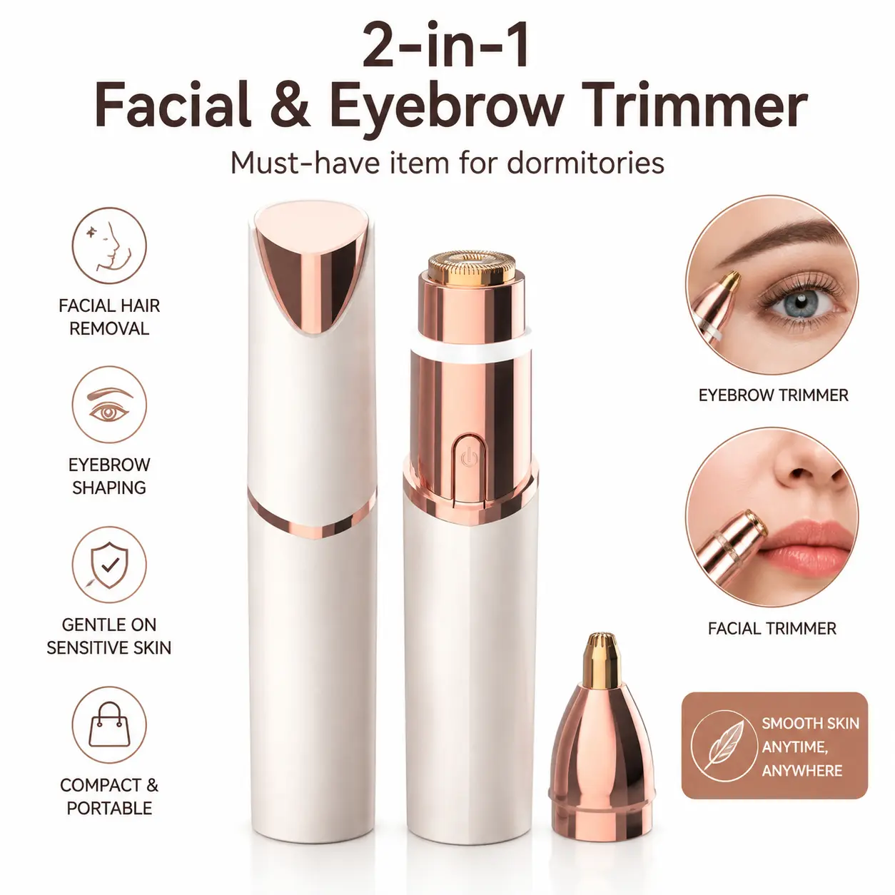 2‑in‑1 Women’s Facial & Eyebrow Trimmer, Rechargeable Facial Shaver, Lip Hair and Fuzz Remover, Precise Eyebrow Groomer, Portable Painless Hair Removal Tool. Must‑have item for dormitories