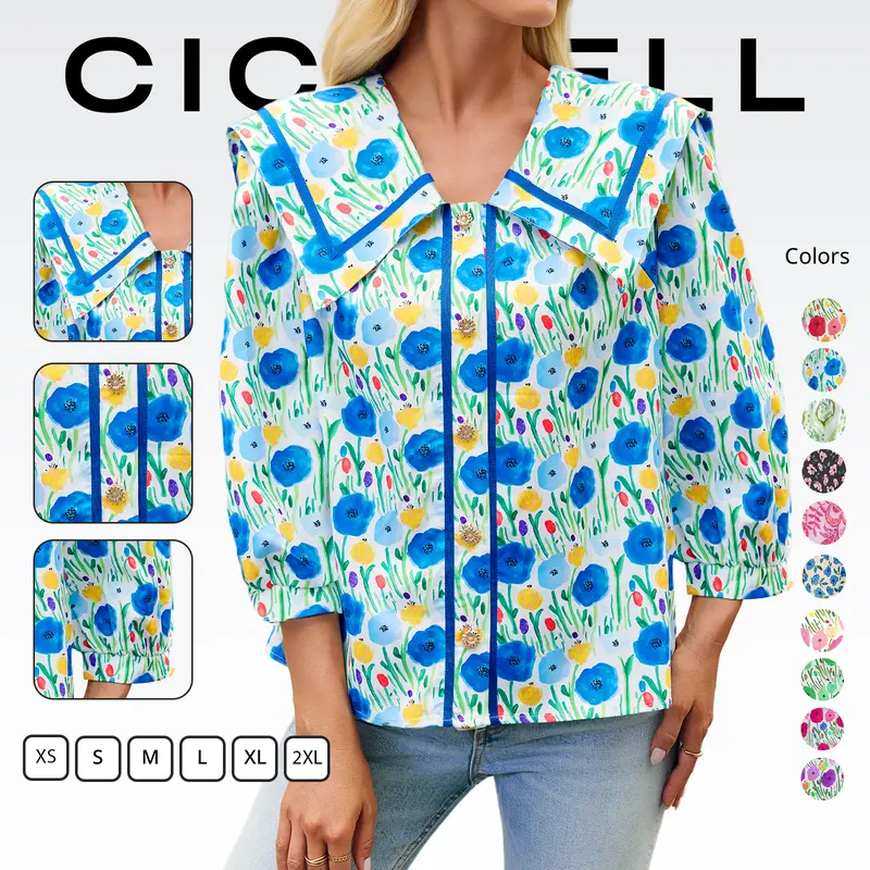Cicy Bell  Women's Floral Button Down Shirts Trendy Casual 3/4 Lantern Sleeve Blouse Square Neck Collared Tops Lightweight Soft Polyester Elastane Blue Print Womenswear