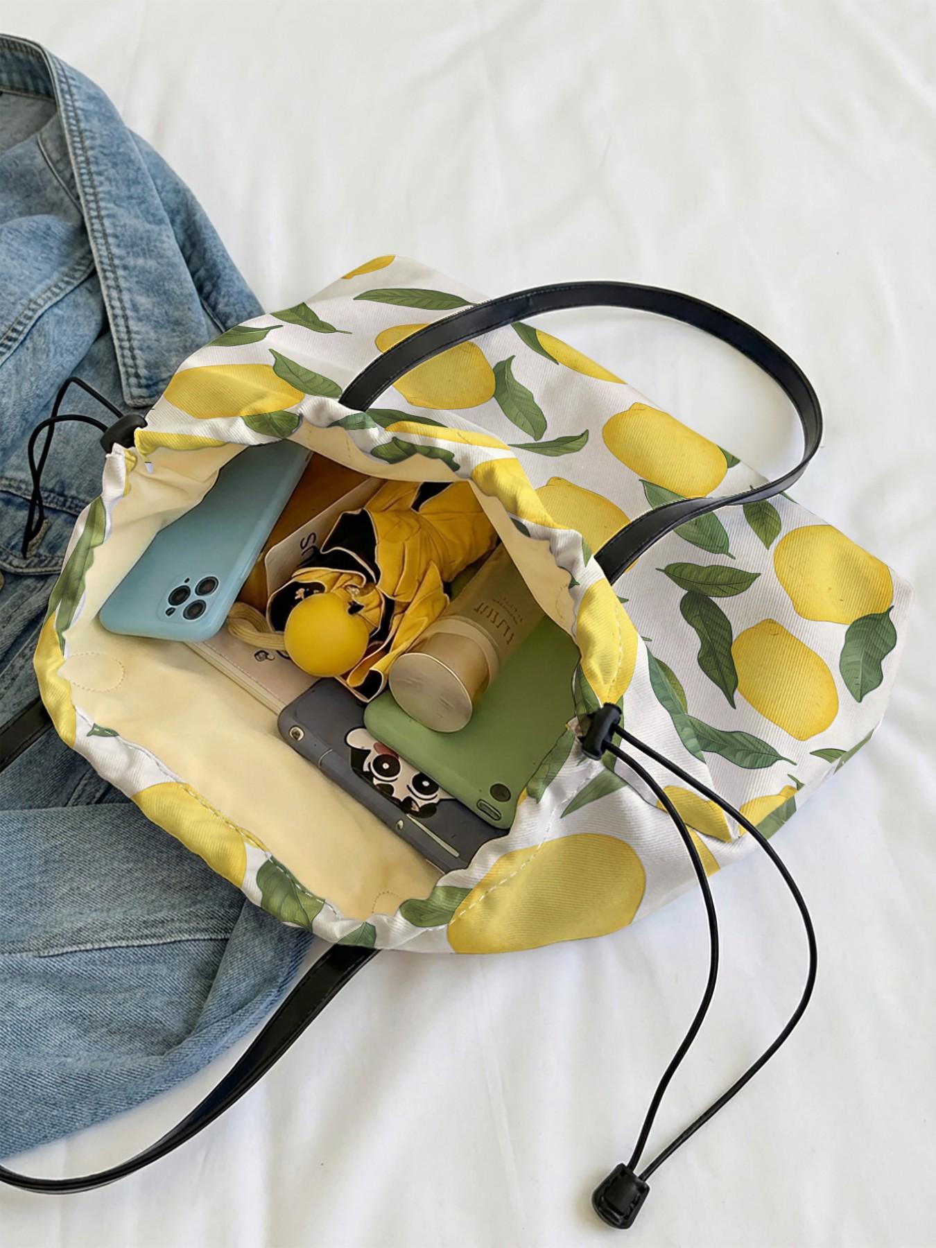 Lemon Pattern 2D Printed Drawstring Tote Bag, Large Capacity Shopping Bag, Durable and Wear-Resistant, Ideal for Work, Shopping, Picnic