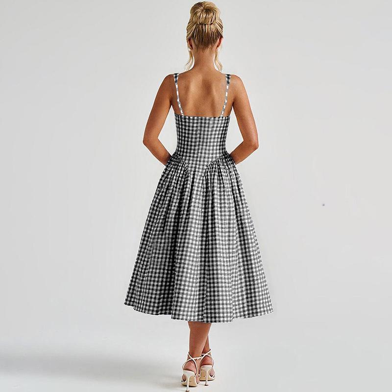 Plaid A-Line Midi Dress for Women's Summer Outfit Adjustable Strap Bodycon Top Flared Hem Casual Elegant Beach Holiday Party Club Dating Dresses