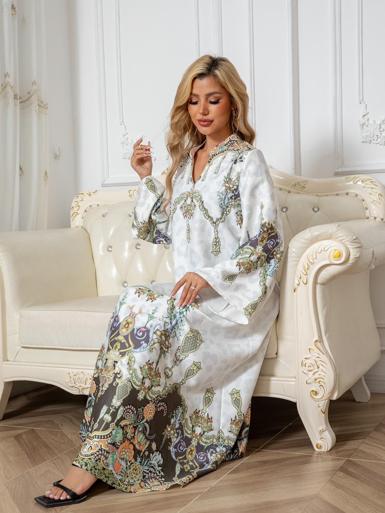 Cross-Border Muslim Robe Printed Beaded Long Dress, Abayas Rhinestone Elegant Style, Women's Fashionable Long Skirt Dress