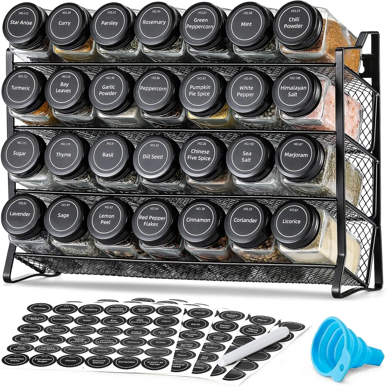 Collapsible Glass Spice Rack Organizer Set with 28 Empty Jars, Black Lids, Funnel, Labels, Spice Shelf for Cabinet, Countertop, Pantry, 28 Jars