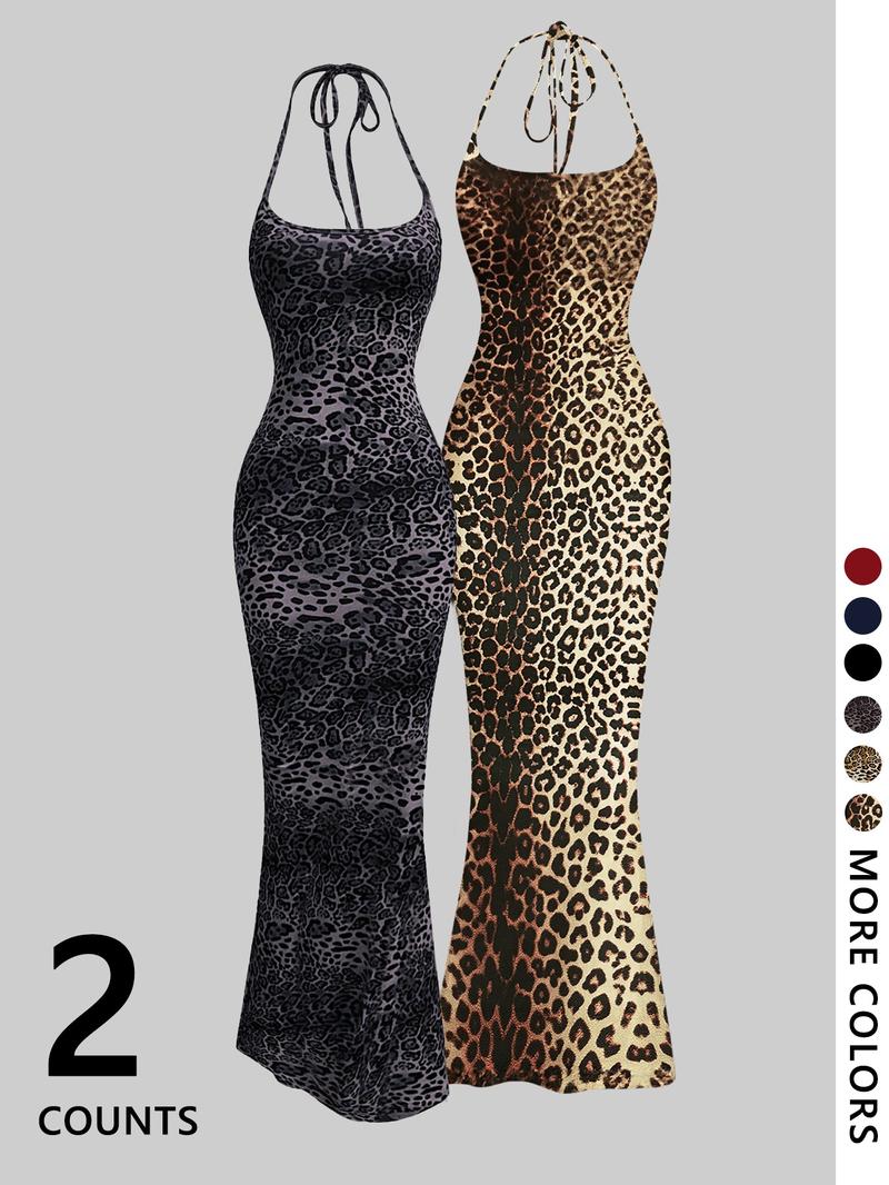 2-piece leopard print camisole and floor-length slim bodycon mini skirt - TikTok viral animal print! Stretch fabric, strap design, available in multiple colors (brown/black) 🔥 Perfect for #DateNightOOTD, #CoquetteAesthetic, #Y2KRevival. Fashionable, flat