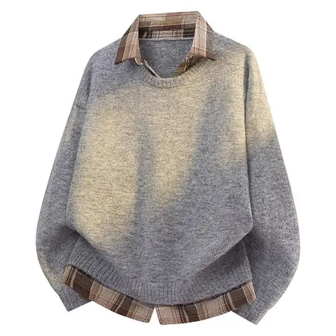 Men's Patchwork Style Pullover, 2-Piece Mock Sweater with Plaid Shirt Collar, Loose Oversized Long Sleeve Casual Fabric Knitwear, Warm Menswear for Autumn Winter Tops