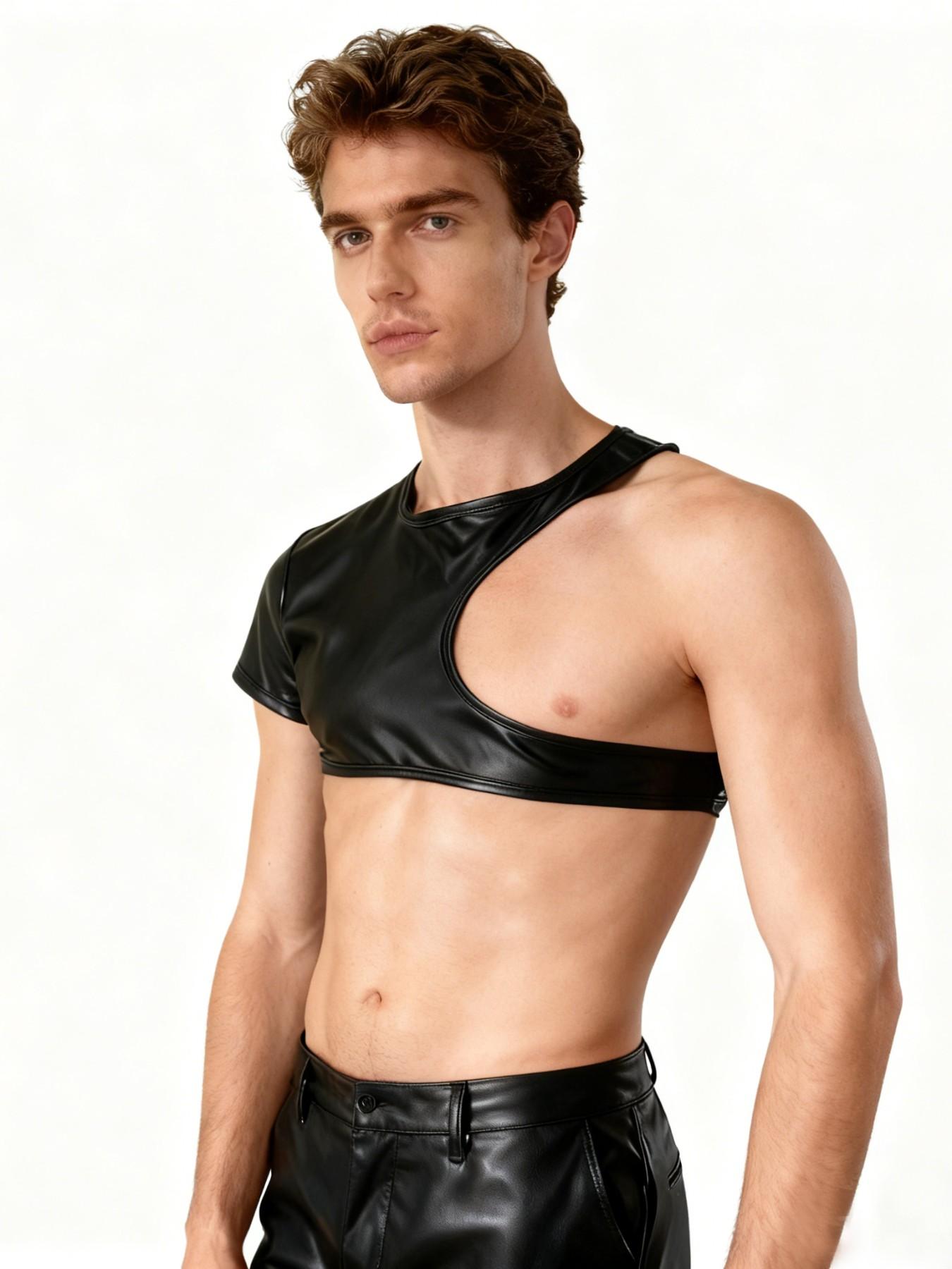 Men's Hollow Out One-Sided Chest Reveal Short Sleeve Top, European and American Style, Stage and Bar Performance Wear