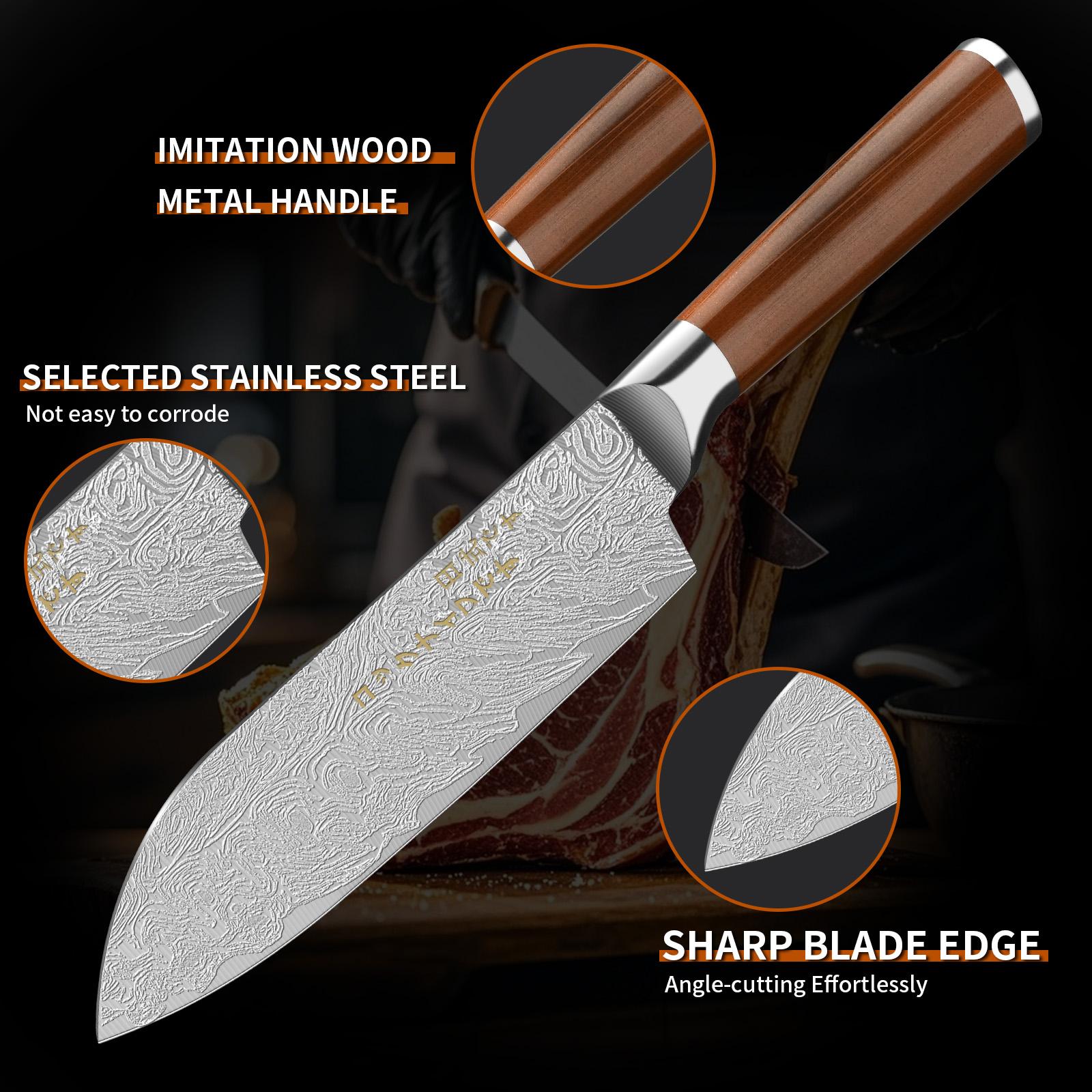 Japanese All Steel Kitchen Knives Block Set, Sharp Blade Chef Knife with Imitation Wooden Handle, Professional Cutting Tool for Bone, Meat, Fish, Vegetables. Ideal Chef Christmas Gift.