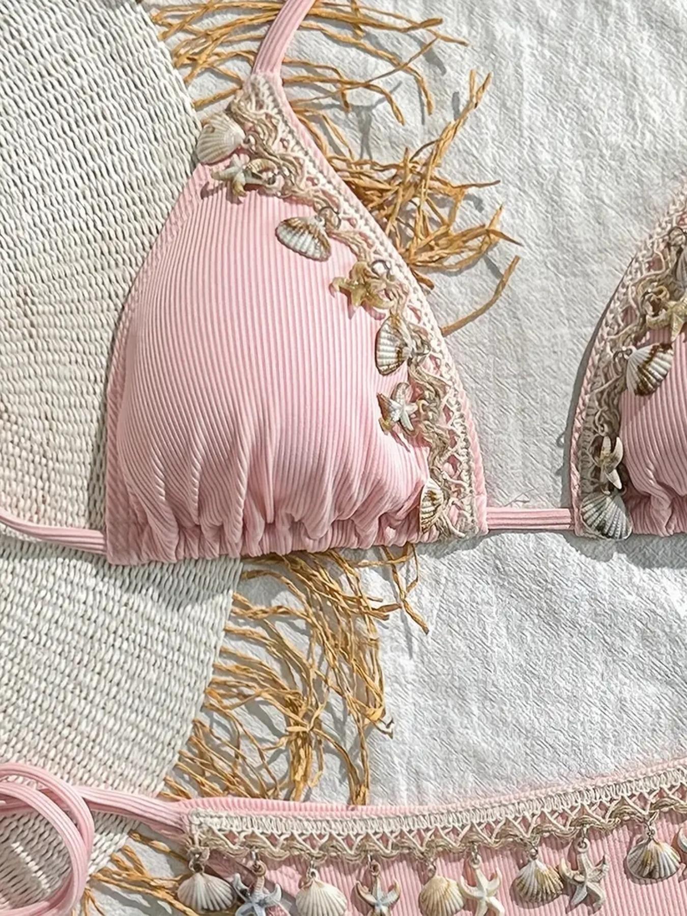 Women's Shell Beach Bikini Set, High Stretch Fabric, Includes Triangle Top and Side Tie Swim Pants, Ruched Bikini Set, Ruched Bikini Bottoms