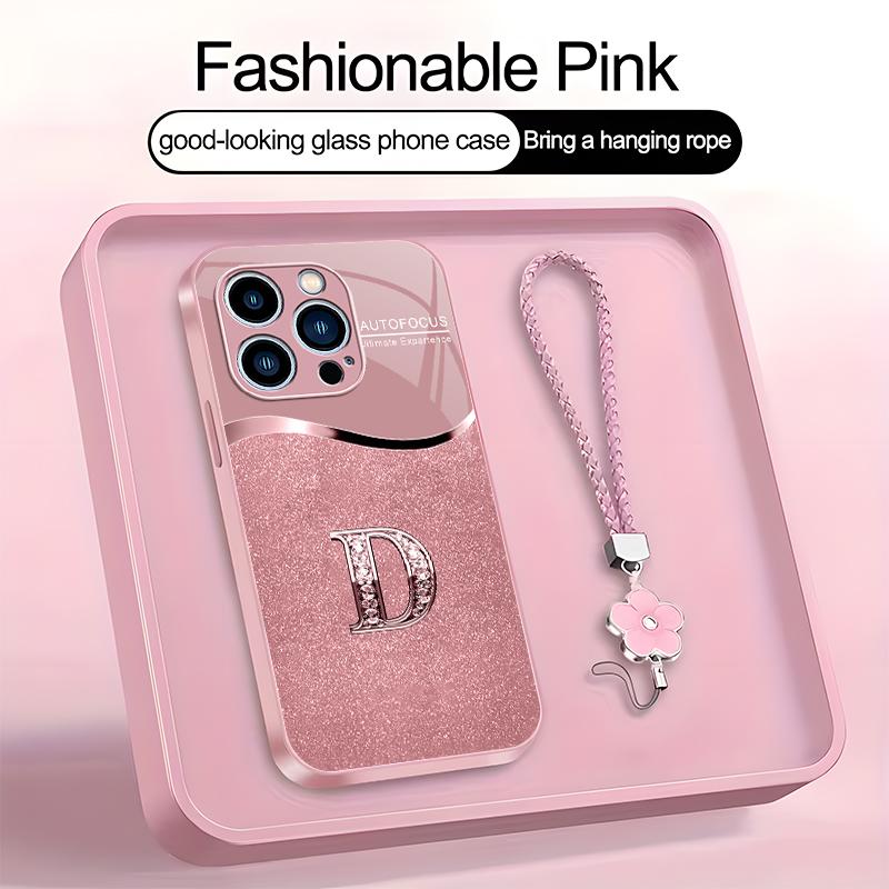 Luxury Pink Phone Case with Lanyard Initial Letter A-Z Cover for iPhone 15 Pro Max --975