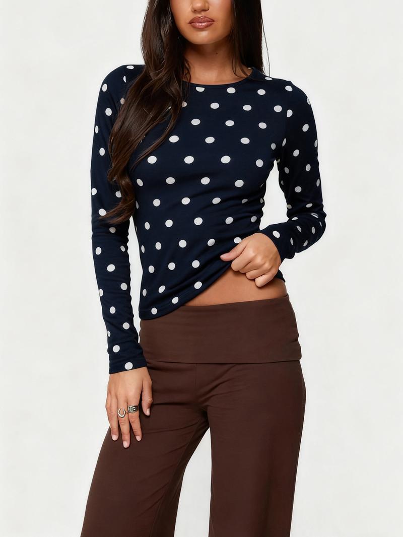 Women's Polka Dot Long Sleeve Slim Fit Short Top, Vintage Bodycon, Perfect for Dates and Shopping, Stylish Casual Wear