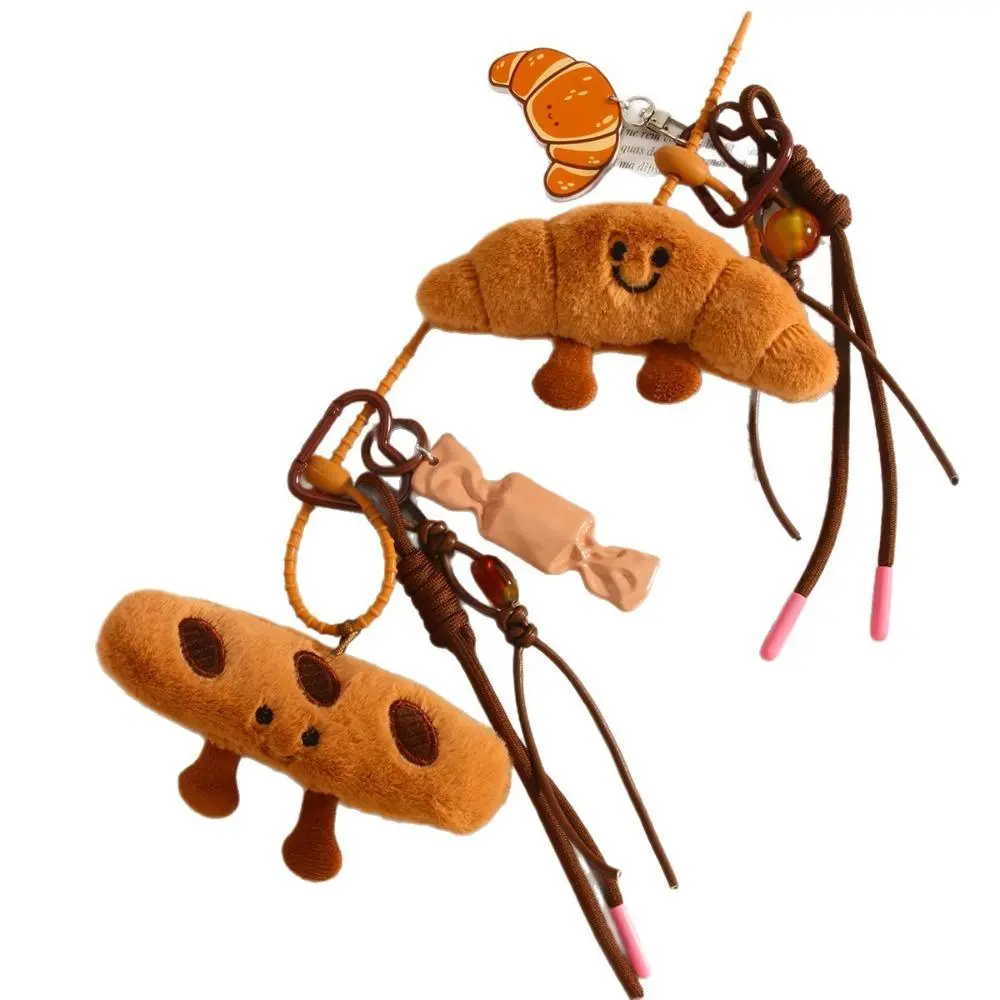 Creative Kawaii Croissant & Baguette Plush Aesthetic Keychain, Cartoon Dessert Bread Soft Stuffed Bag Charm, Miu-Style Braided Rope Pendant for Backpack Purse Keys Daily Decor
