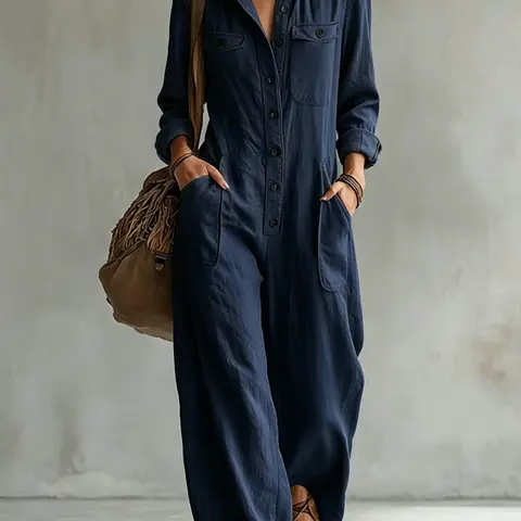 Women's Boho Jumpsuit, Loose-Fitting Plain Surface, Single Row Button Front Pocket, Rolled Sleeves, Multiple Colors Available, Bohemian