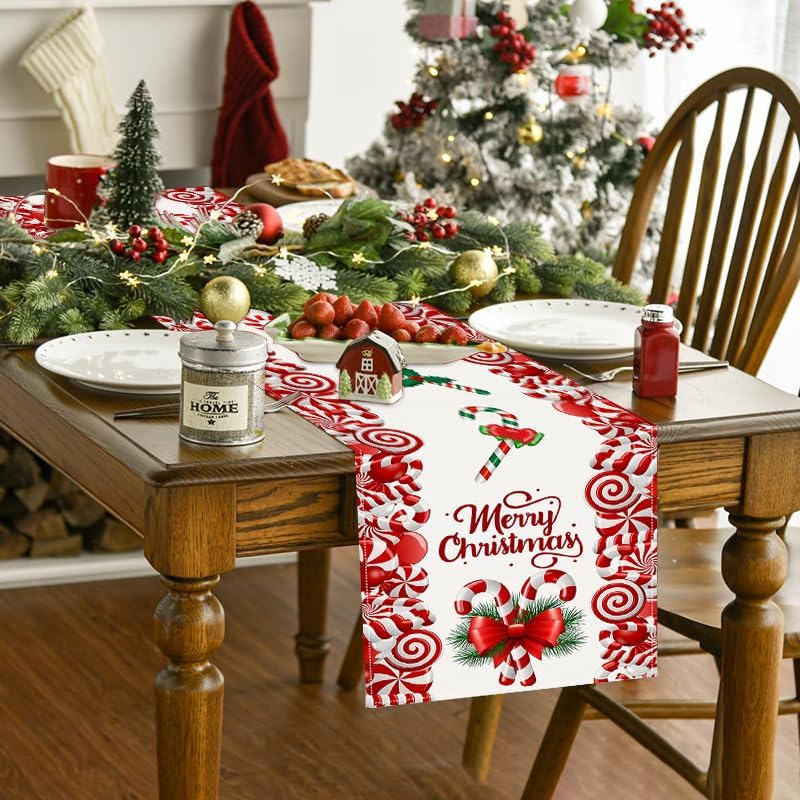 Christmas Linen Red and White Candy Cane Christmas Table Runner 72 Inches Long Seasonal Winter Christmas Xmas Holiday  Style Table Decoration (Red)
