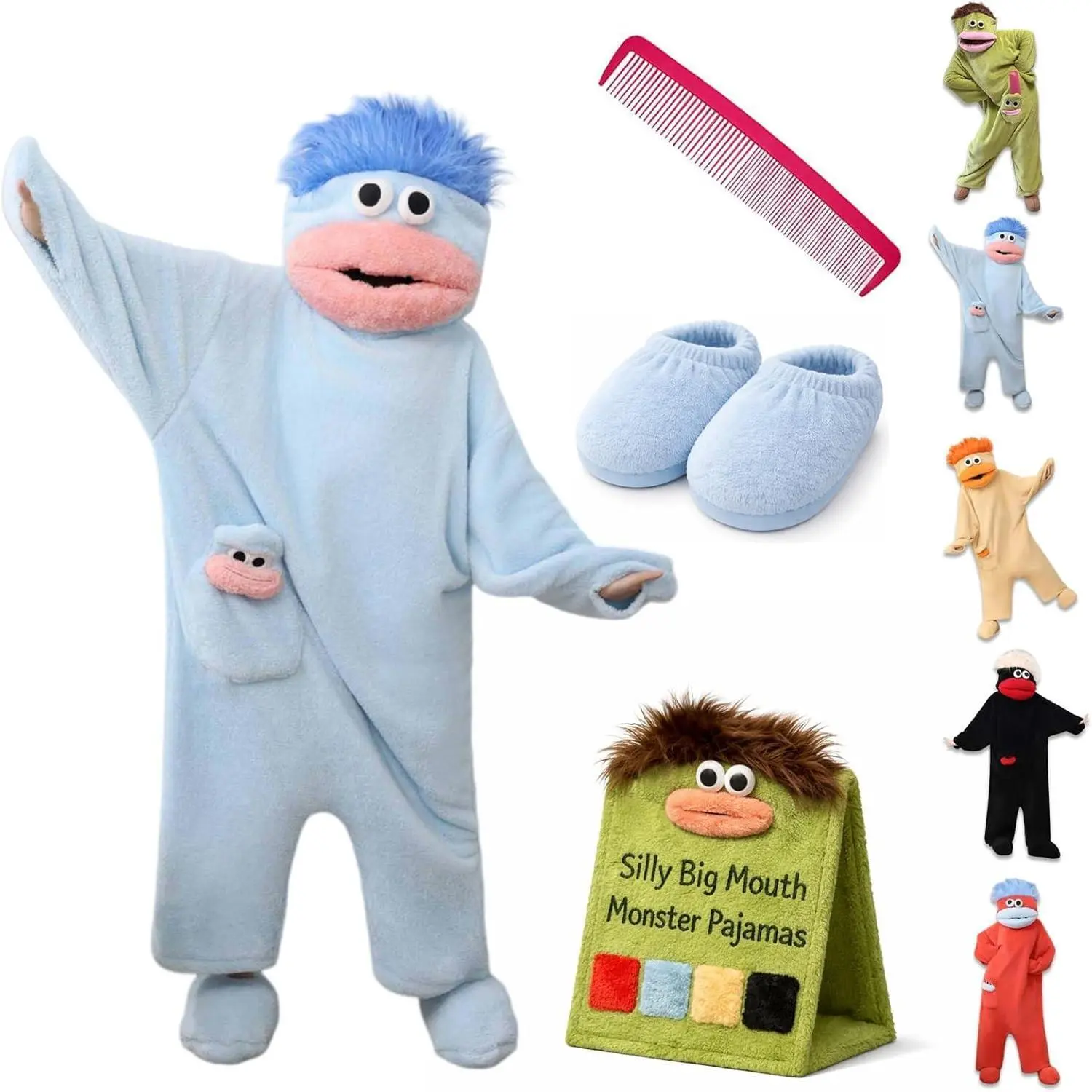 Cute Oversized Big Mouth Monster Onesie Hoodie Nightwear - Unisex Soft Fabric Loungewear, Upgraded Plush Pajamas with Comb & Matching Foot Covers, Funny Gag Gift for Halloween Sleepover Everyday Use