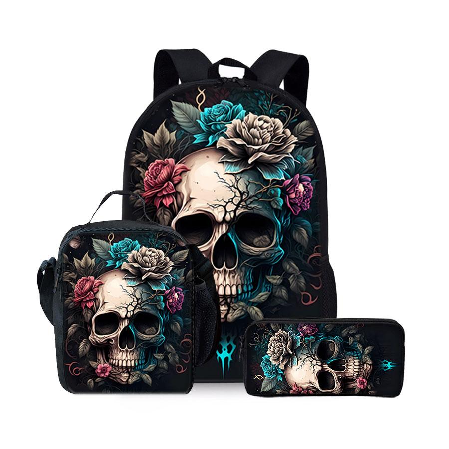 Skull pattern printed 17-inch backpack Casual Lightweight Backpack three-piece set (single-layer backpack + shoulder strap lunch bag + single-layer pencil case)