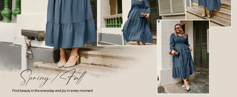 Hanna Nikole Women's Plus Size Dresses Long Sleeve V Neck Maxi Smocked Fall Casual Flowy Tiered Dress with Pockets