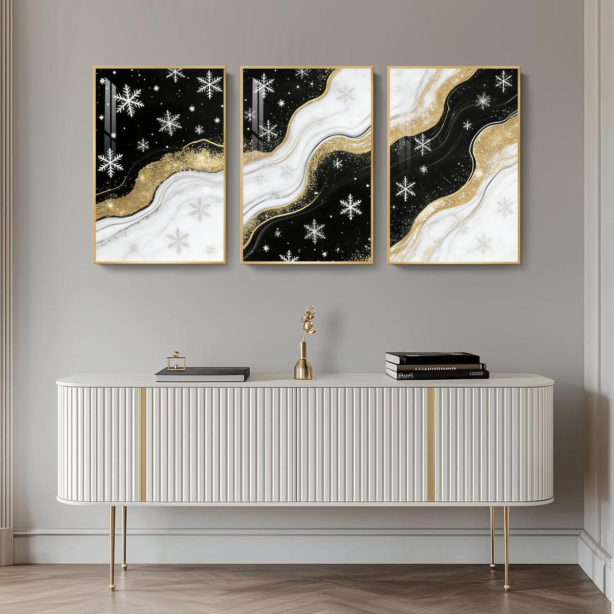 3 Counts Aluminum Alloy Framed Painting, Black White And Gold Snowflake Abstract Art Pictures, Home Decoration For Living Room, Bedroom, Office, Restaurant, Hallway Wall Decor, Odorless Print Artwork, Luxury Perfect Gift For Friends And Family