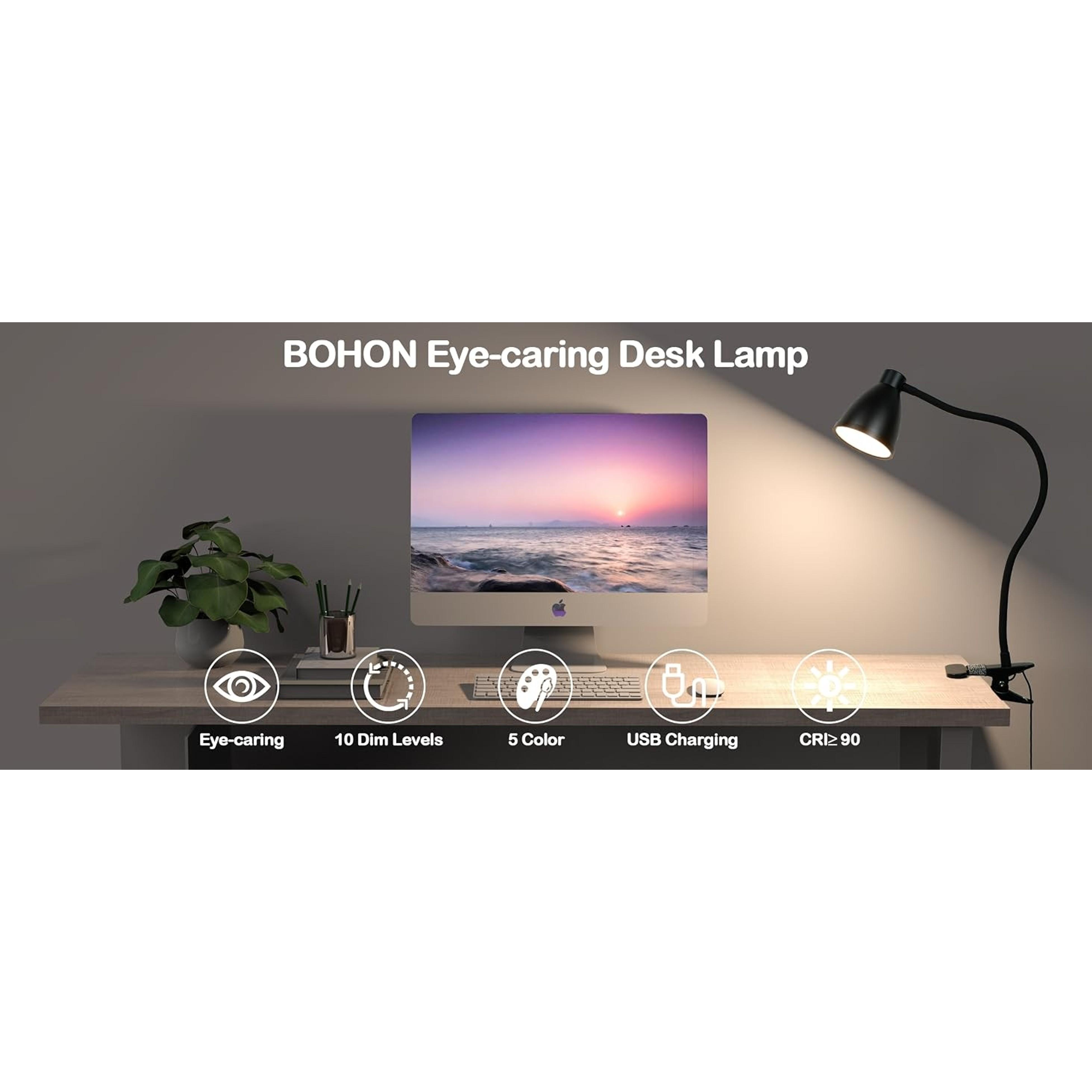 Desk Lamp 5 Color Modes 10 Brightness Dimmer Reading Light Black | 10W 38 LED Clamp Lamp with Auto Off Timer 360° Flexible Neck Clip on Light for Bed Bedside, AC Adapter Include
