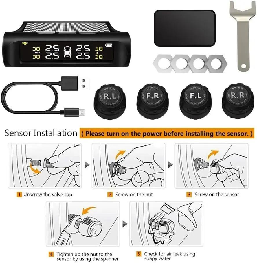 Solar Powered Car Tire Pressure Monitoring System (TPMS) - Digital LCD Display Safety Warning Kit with 4 External Sensors, Universal Auto Tire Diagnostic Tool