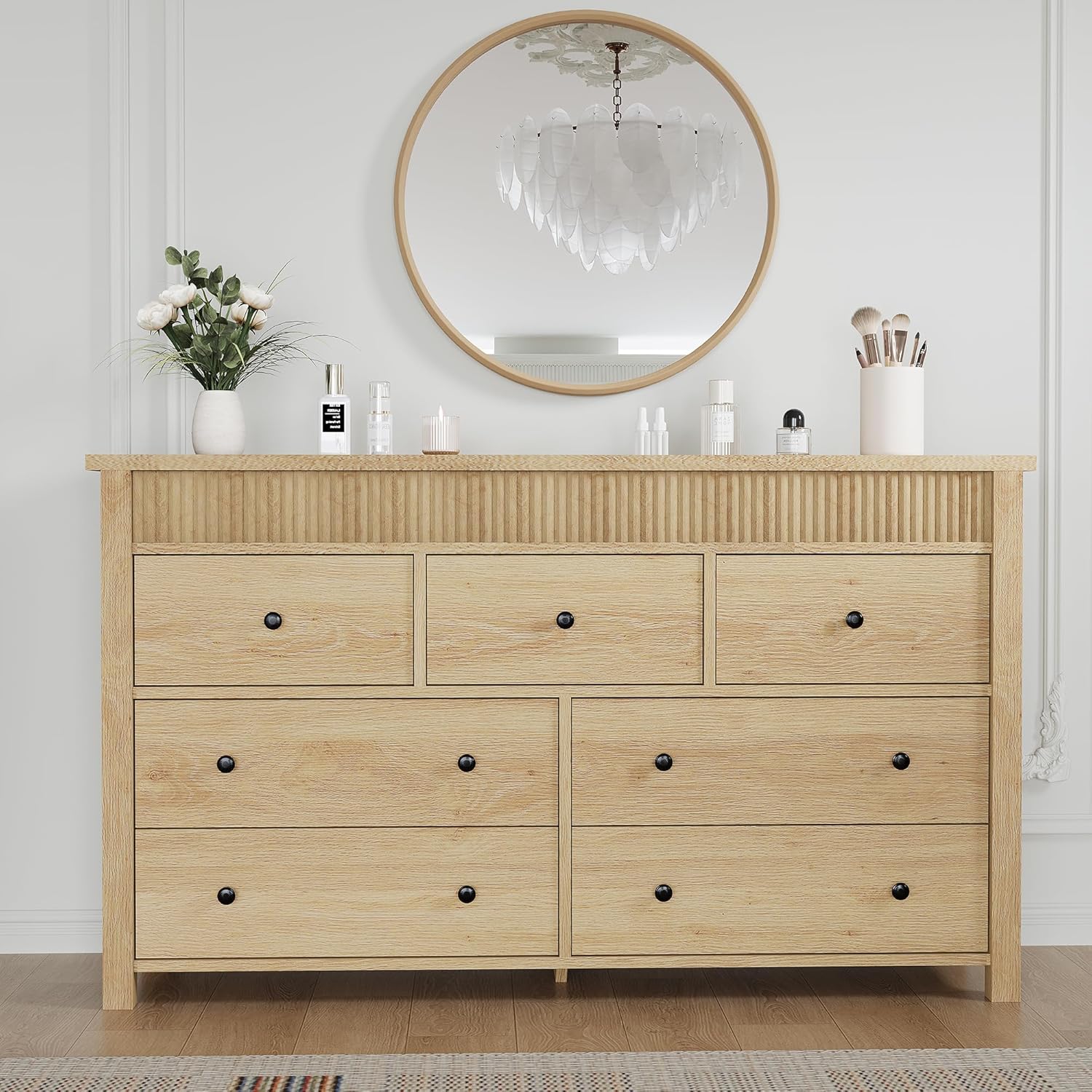 7-Drawer Dresser for Bedroom, Wooden Chest of Drawers, Fluted TV Stand, Storage Organizer for Living Room, Hallway and Entryway, Natural Oak